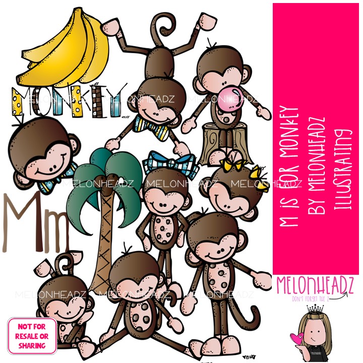 M is for Monkey clip art, alphabet, primate COLORED Version
