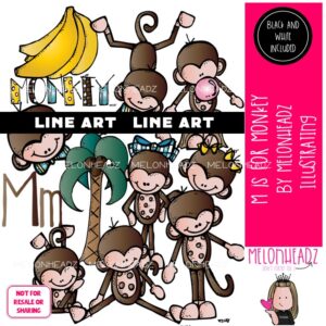 M is for Monkey clip art, alphabet, primate LINE ART and BLACK AND WHITE