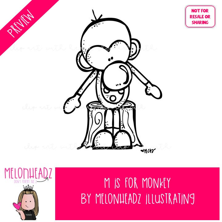 M is for Monkey clip art, alphabet, primate LINE ART and BLACK AND WHITE - Image 2
