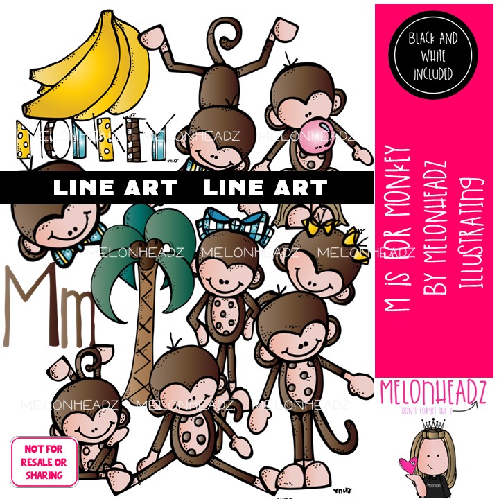 M is for Monkey clip art, alphabet, primate LINE ART and BLACK AND WHITE
