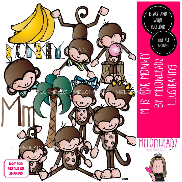 M is for Monkey clip art, alphabet, primate COMBO PACK