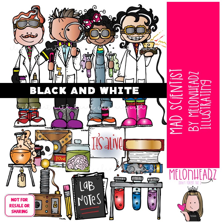 Mad Scientist clip art, laboratory, experiment BLACK AND WHITE