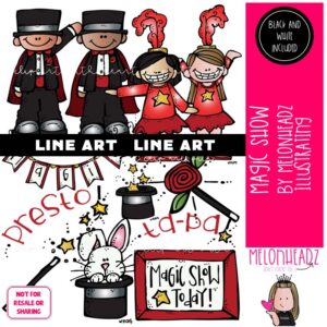 Magic Show clip art, magician LINE ART and BLACK AND WHITE