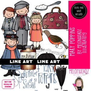 Mary Poppins clip art, literature, book companion LINE ART and BLACK AND WHITE