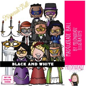 Masquerade Ball clip art, Halloween, dance BLACK AND WHITE