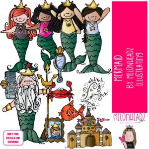 Mermaid clip art, fish, crab COLORED Version