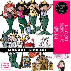 Mermaid clip art, fish, crab LINE ART and BLACK AND WHITE
