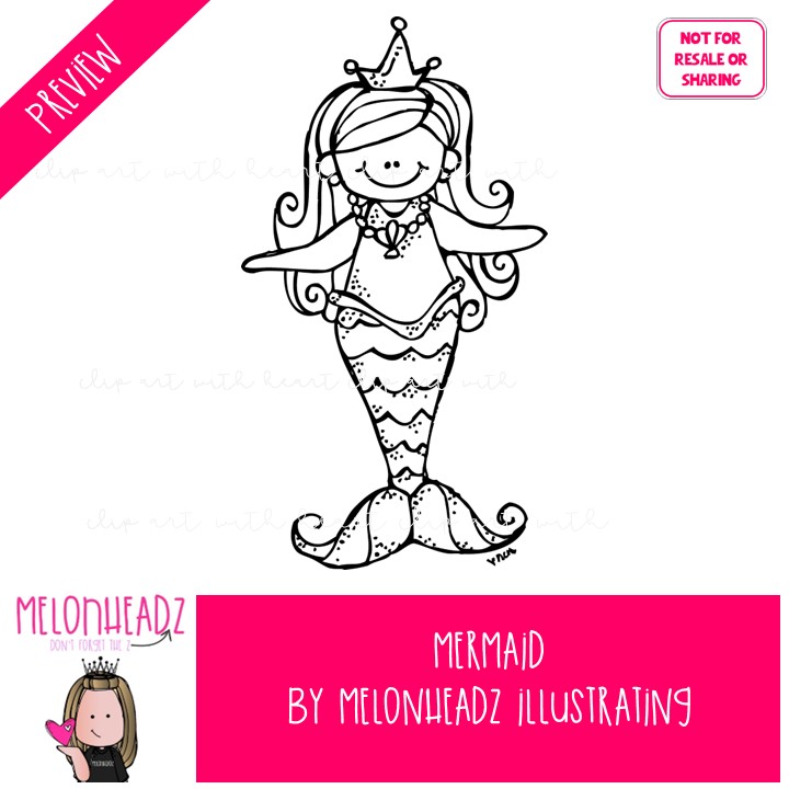 Mermaid clip art, fish, crab LINE ART and BLACK AND WHITE - Image 2