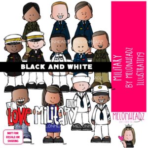 Military clip art, kidlettes, uniform BLACK AND WHITE