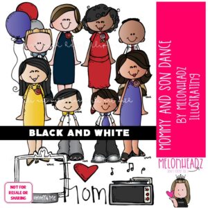 Mommy and Son Dance clip art, turn table, balloons BLACK AND WHITE