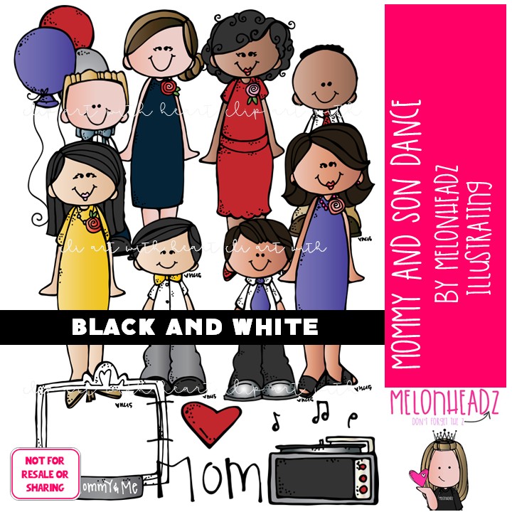 Mommy and Son Dance clip art, turn table, balloons BLACK AND WHITE