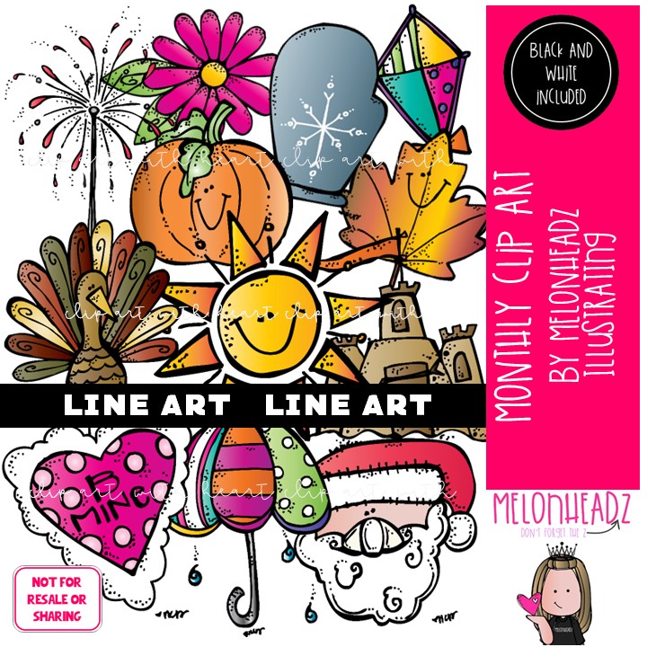 Monthly Clip Art, holiday clip art, seasonal clip art LINE ART and BLACK AND WHITE