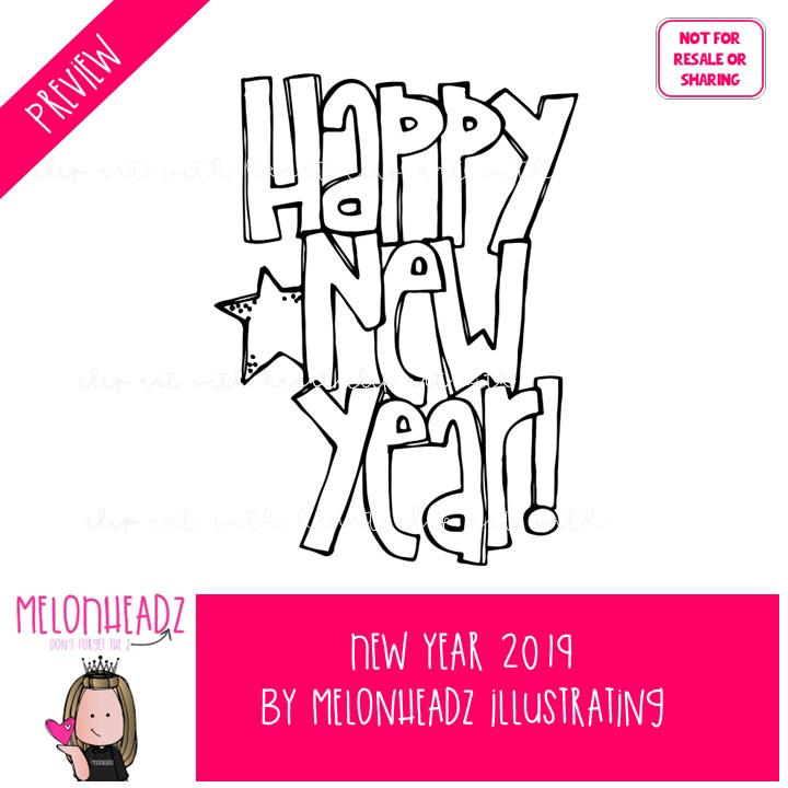 New Year clip art 2019, holiday clip art BLACK AND WHITE - Image 2
