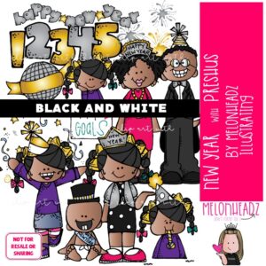 Happy New Year clip art, Preshus clip art, Melonheadz Characters clip art BLACK AND WHITE