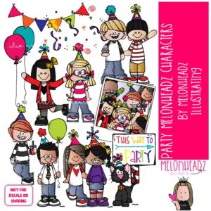 Party clip art, Melonheadz Characters, birthday COLORED Version
