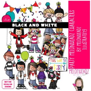 Party clip art, Melonheadz Characters, birthday BLACK AND WHITE