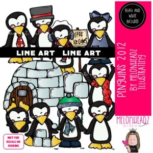 Penguins clip art, Winter clip art LINE ART and BLACK AND WHITE