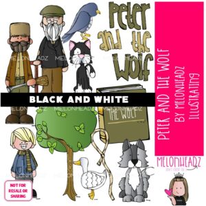 Peter and the Wolf clip art, literature, book companion BLACK AND WHITE