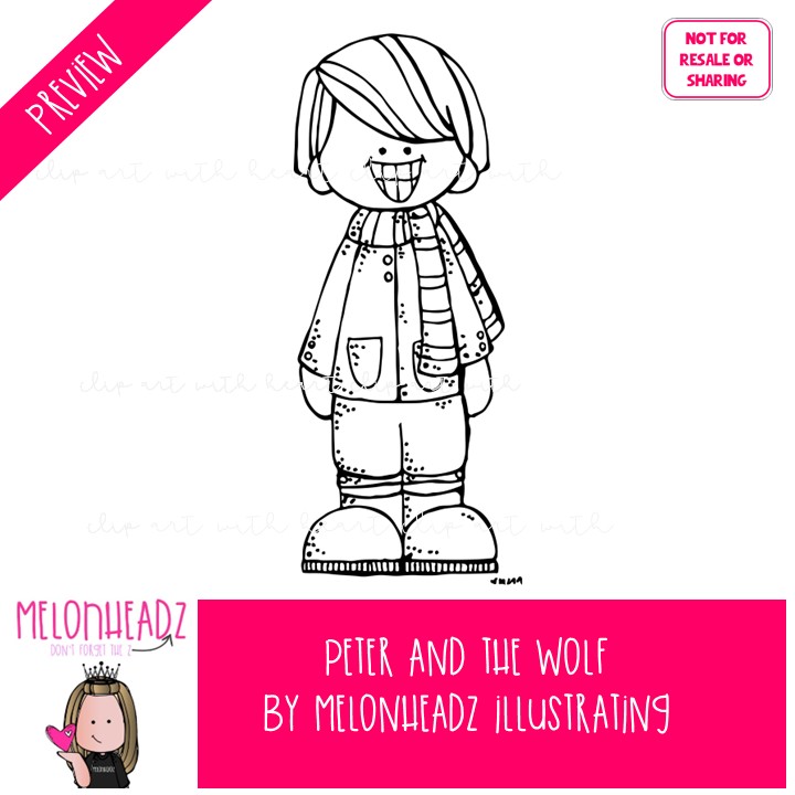 Peter and the Wolf clip art, literature, book companion BLACK AND WHITE - Image 2