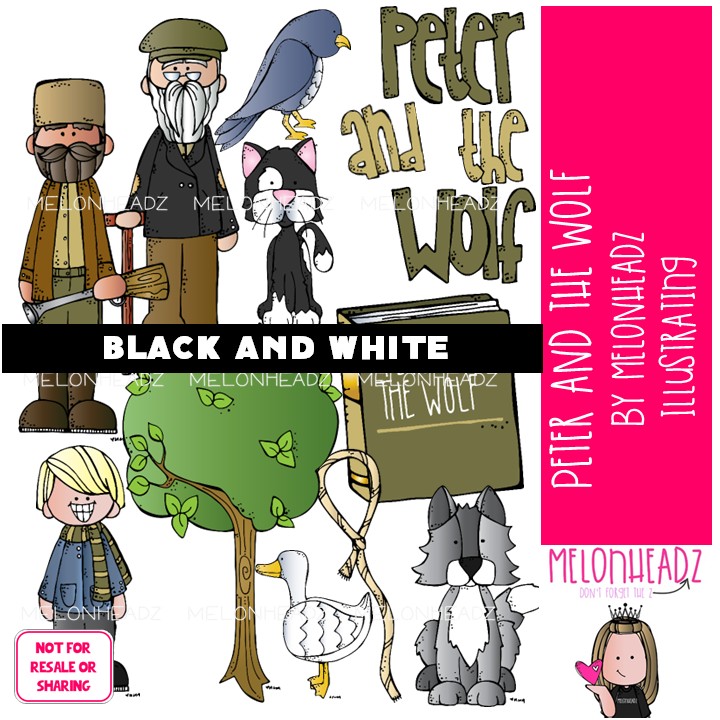 Peter and the Wolf clip art, literature, book companion BLACK AND WHITE
