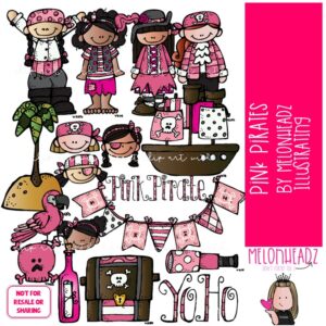 Pink Pirates clip art, girls, treasure chest COLORED Version