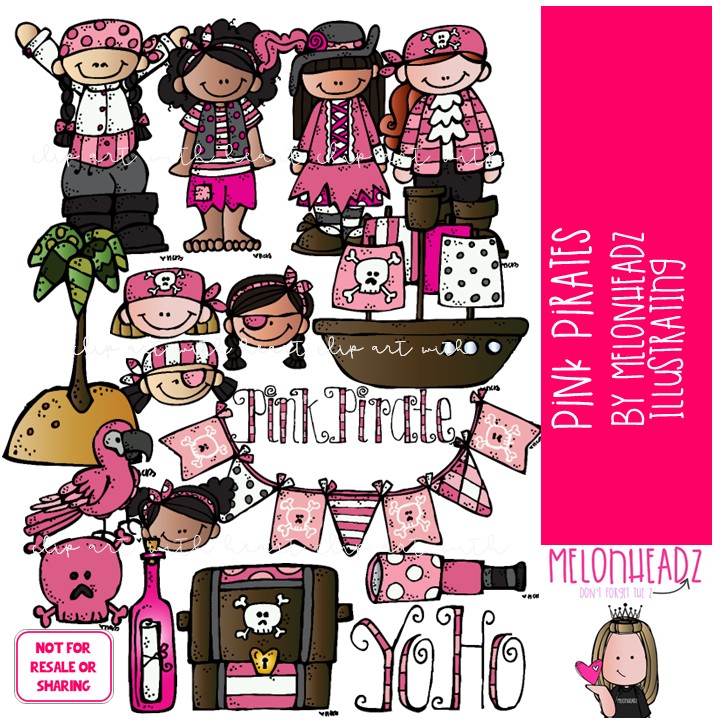 Pink Pirates clip art, girls, treasure chest COLORED Version