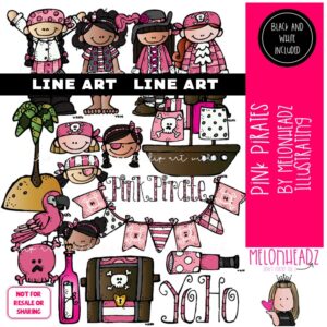 Pink Pirates clip art, girls, treasure chest LINE ART and BLACK AND WHITE