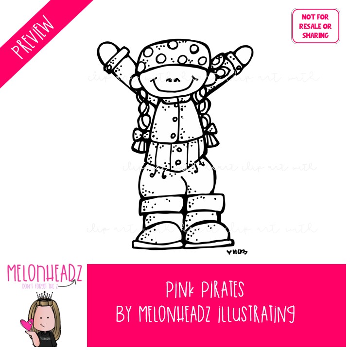 Pink Pirates clip art, girls, treasure chest LINE ART and BLACK AND WHITE - Image 2