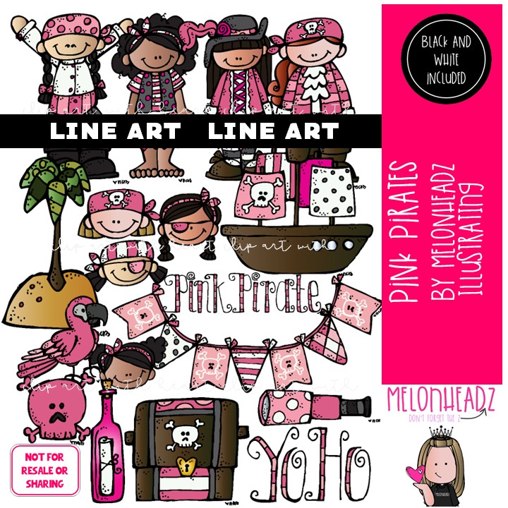 Pink Pirates clip art, girls, treasure chest LINE ART and BLACK AND WHITE