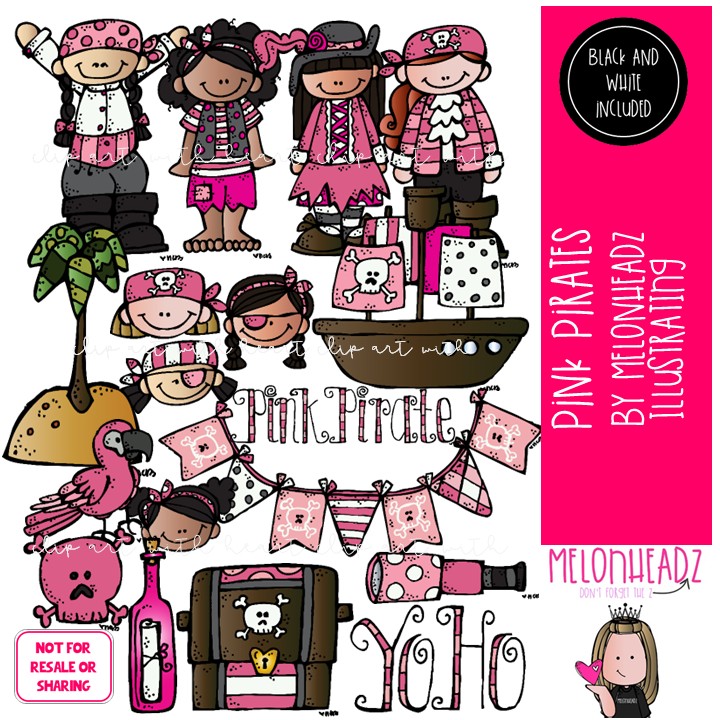 Pink Pirates clip art, girls, treasure chest COMBO PACK