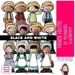 Pioneer Kidlettes clip art, historical BLACK AND WHITE