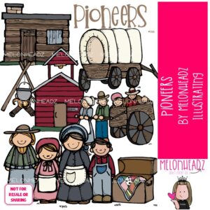 Pioneers clip art, wagon, cabin COLORED Version