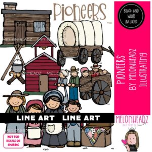 Pioneers clip art, wagon, cabin LINE ART and BLACK AND WHITE