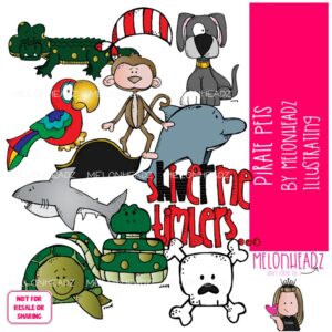 Pirate Pets clip art, shark, dolphin, monkey COLORED Version