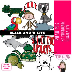 Pirate Pets clip art, shark, dolphin, monkey BLACK AND WHITE