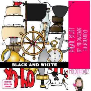 Pirate Stuff clip art, ship, compass, message in a bottle BLACK AND WHITE