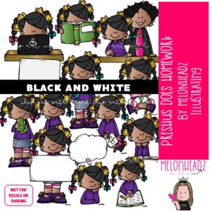 Preshus Does Homework clip art, Melonheadz Characters BLACK AND WHITE