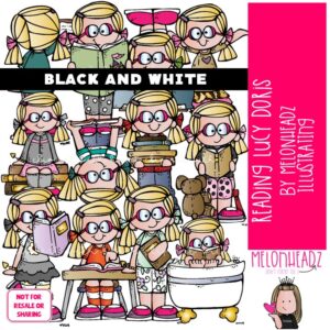 Reading clip art, Lucy Doris, Melonheadz Character BLACK AND WHITE