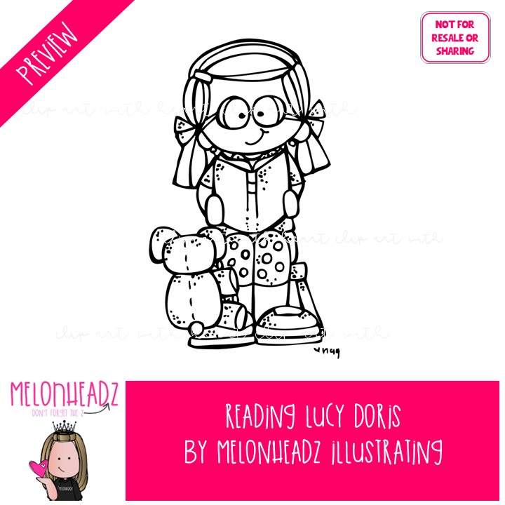 Reading clip art, Lucy Doris, Melonheadz Character BLACK AND WHITE - Image 2