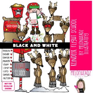 Reindeer Flight School clip art, Christmas clip art BLACK AND WHITE