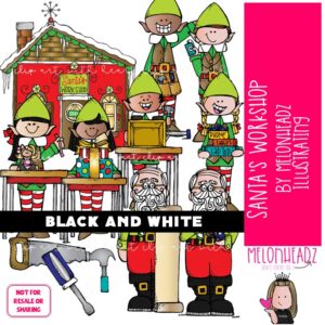 Santa's Workshop clip art, CHristmas clip art, North Pole clip art BLACK AND WHITE