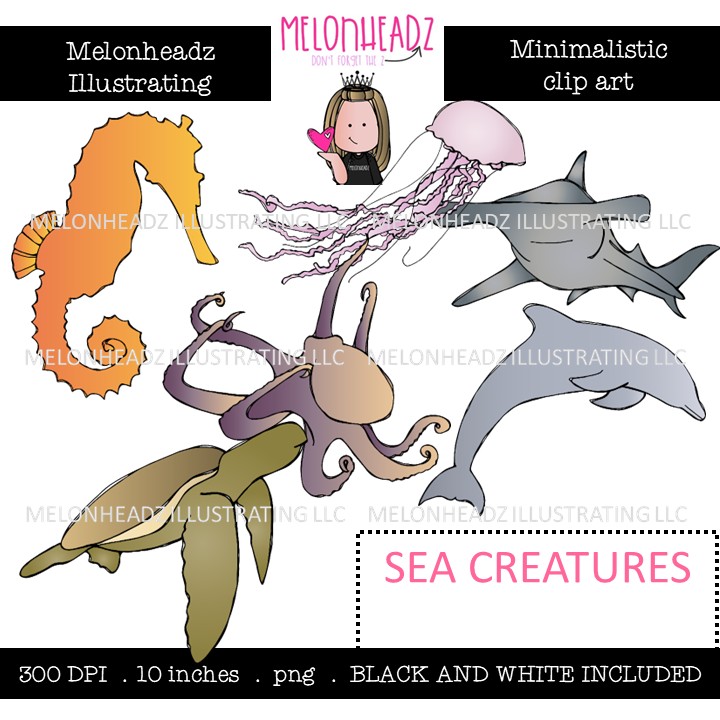 Sea Creatures clip art, Minimal Style Mini