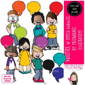 Kidlettes with speech bubbles clip art, talking, blank Mini