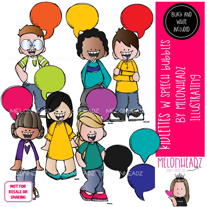 Kidlettes with speech bubbles clip art, talking, blank Mini