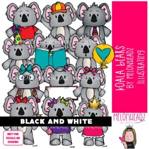 Koala Bears clip art, Australian animal, marsupial BLACK AND WHITE