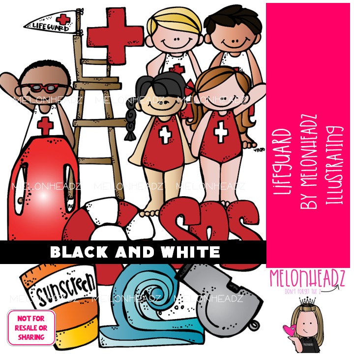 Lifeguard clip art, water safety, beach BLACK AND WHITE