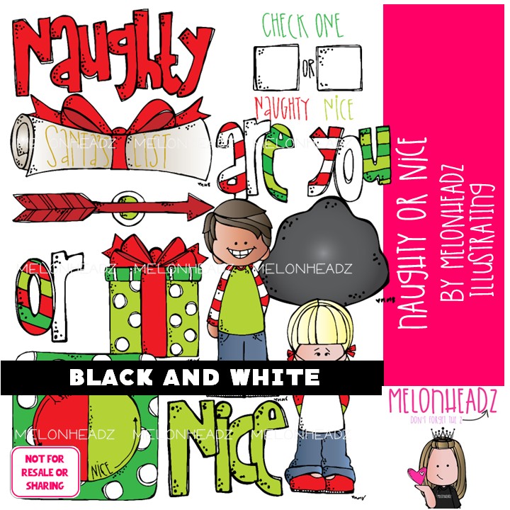 Naughty or Nice clip art, Christmas clip art BLACK AND WHITE