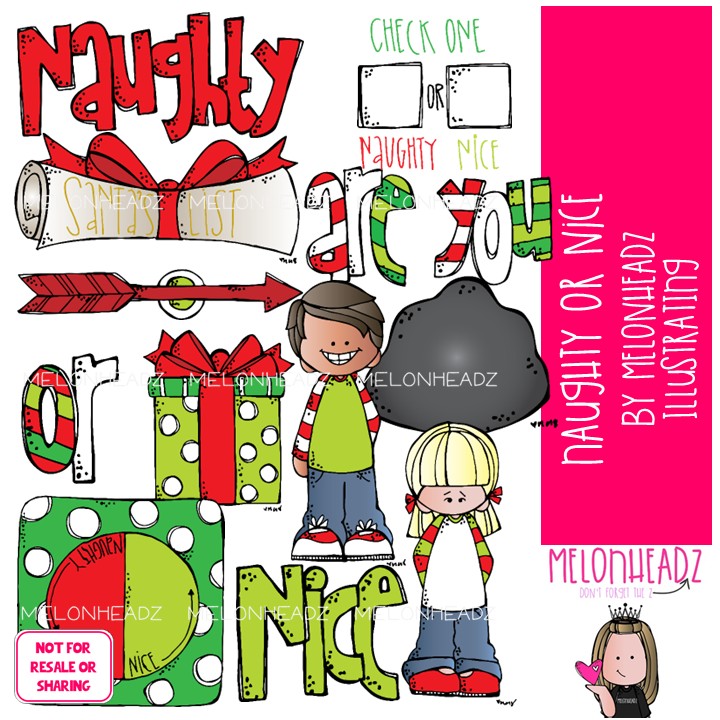 Naughty or Nice clip art, Christmas clip art COLORED Version