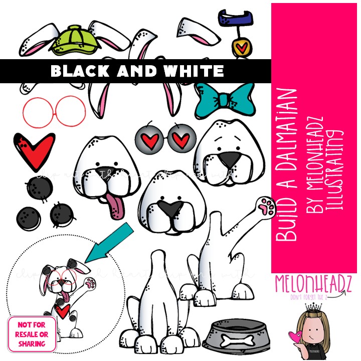 Build A Dalmatian clip art, dog, sequence BLACK AND WHITE