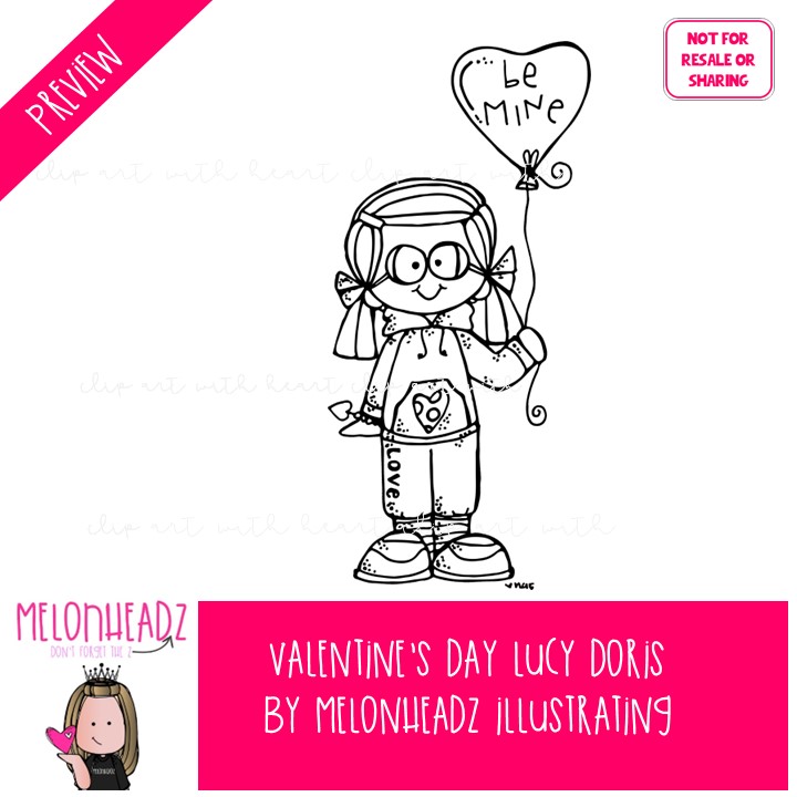 Valentine's Day clip art, Lucy Doris clip art, Melonheadz Character BLACK AND WHITE - Image 2